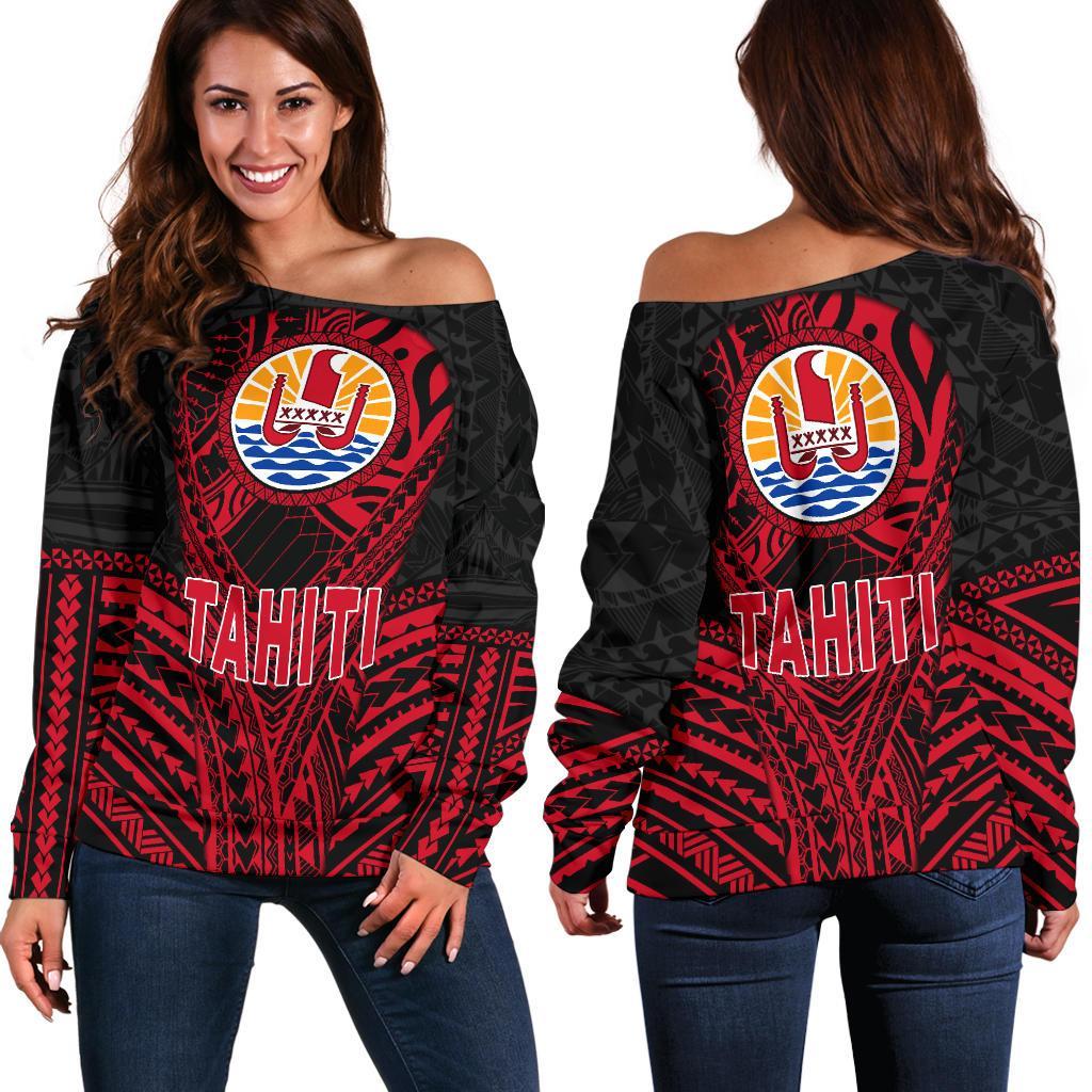 Tahitian Women's Off Shoulder Sweater Polynesian Tattoo Coat Of Arms - Black TH5 Black - Polynesian Pride