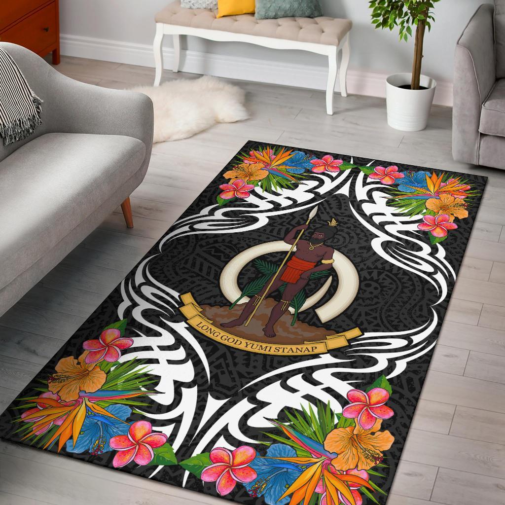 Vanuatu Area Rug - Coat OfArmsWith Tropical Flowers Black - Polynesian Pride