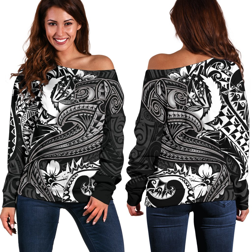 Pohnpei Women's Off Shoulder Sweater - White Shark Polynesian Tattoo White - Polynesian Pride