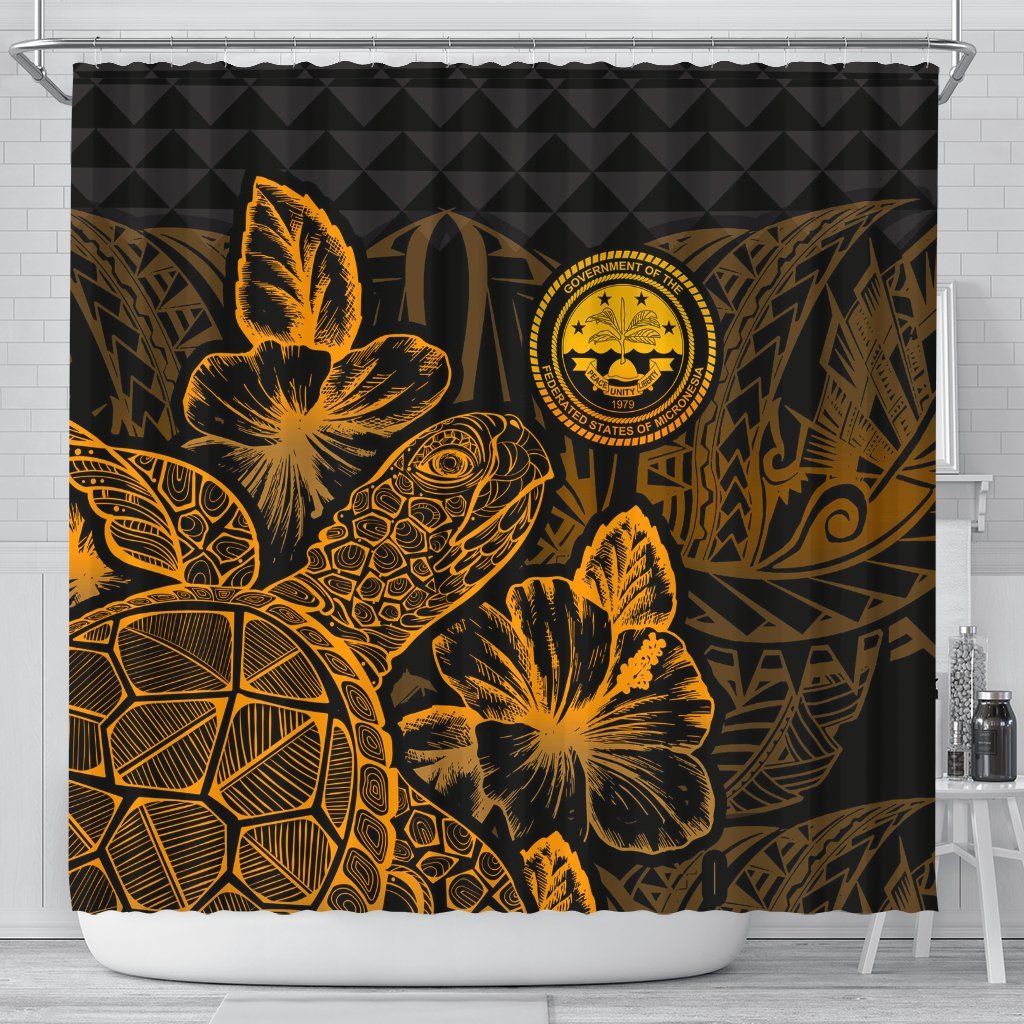 Federated States Of Micronesia Shower Curtain Turtle Hibiscus Gold 177 x 172 (cm) Gold - Polynesian Pride