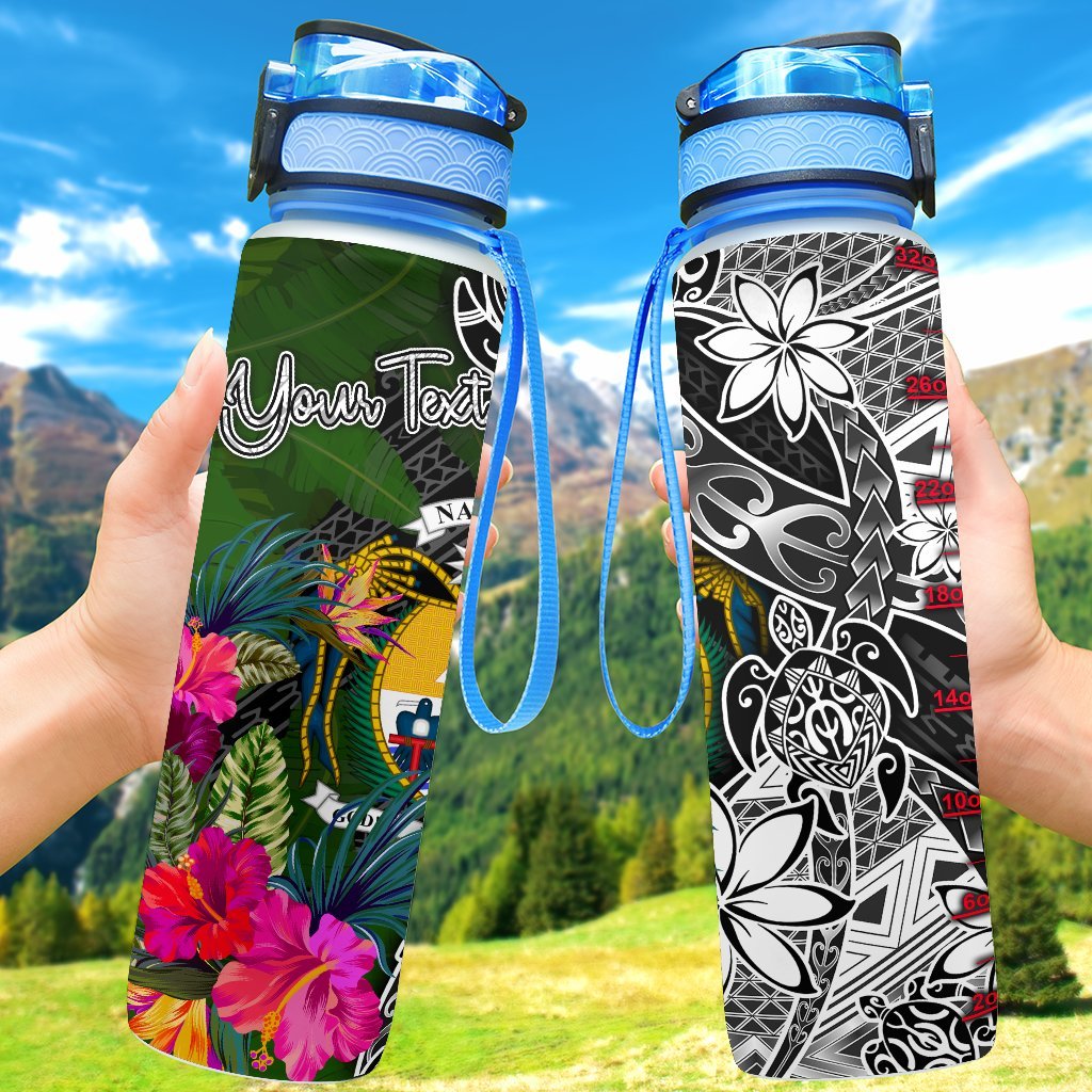 Nauru Custom Personalised Hydro Tracking Bottle - Turtle Plumeria Banana Leaf Crest Hydro Tracking Bottle 32oz Large Black - Polynesian Pride