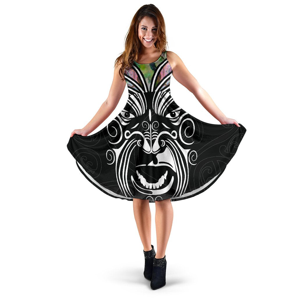 New Zealand Paua Shell with Maori Face Women Midi Dress Midi Dress - Paua Shell Black - Polynesian Pride