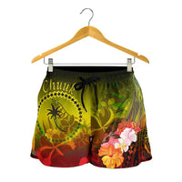 Chuuk Women's Shorts - Humpback Whale with Tropical Flowers (Yellow) - Polynesian Pride