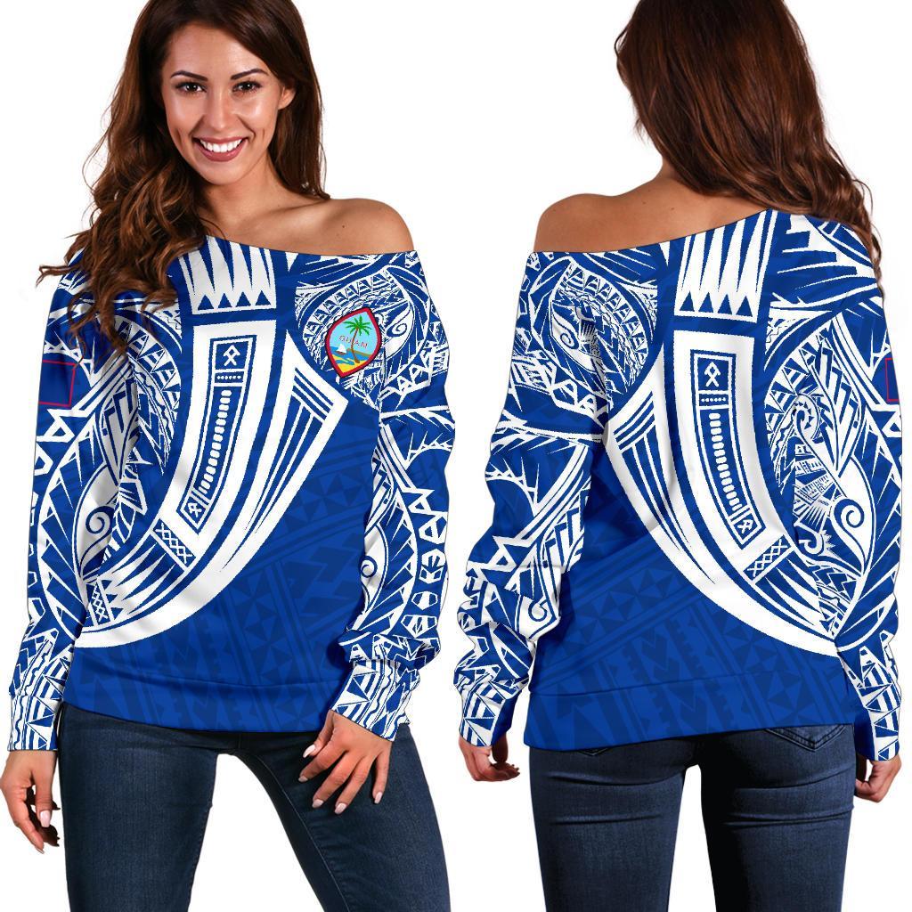 Guam Polynesian Women's Off Shoulder Sweater - Tribal Tattoo Blue - Polynesian Pride