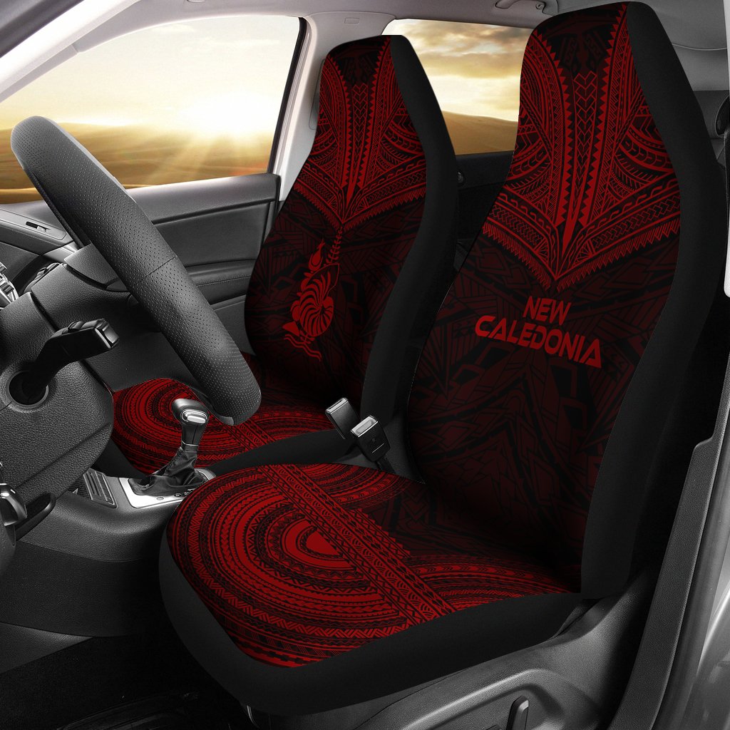 New Caledonia Car Seat Cover - New Caledonia Coat Of Arms Polynesian Chief Tattoo Deep Red Version Universal Fit Red - Polynesian Pride