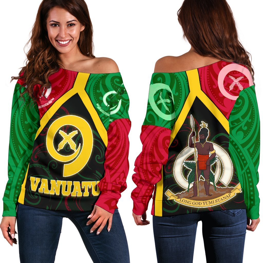 Vanuatu Polynesian Women's Off Shoulder Sweater - Vanuatu Flag and Coat Of Arms Black - Polynesian Pride