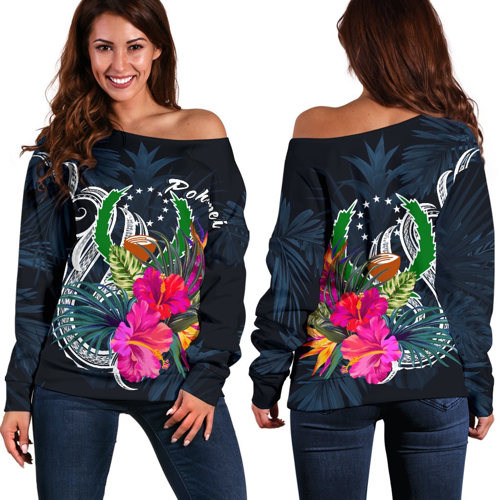 Pohnpei Micronesia Women's Off Shoulder Sweater - Tropical Flower Blue - Polynesian Pride