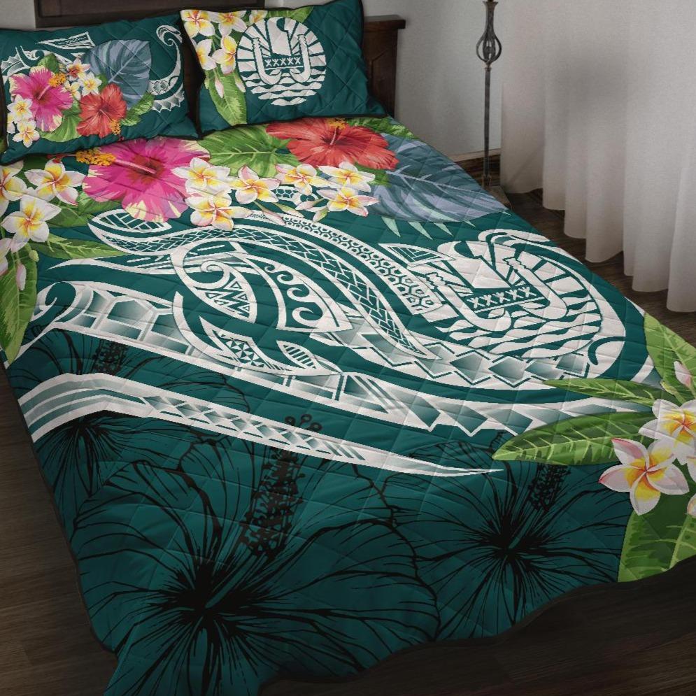 Tahiti Polynesian Quilt Bed Set - Summer Plumeria (Turquoise) Turquoise - Polynesian Pride