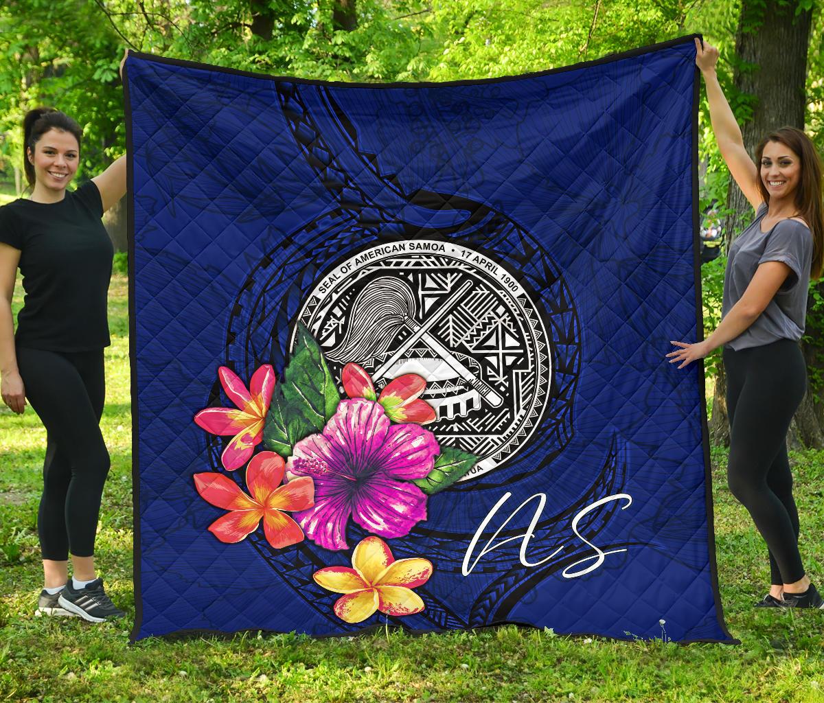 American Samoa Polynesian Premium Quilt - Floral With Seal Blue Blue - Polynesian Pride