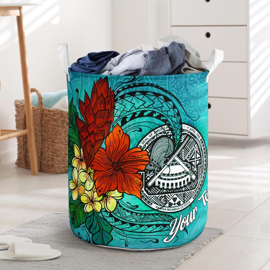 American Samoa Laundry Basket - Custom Personalised Tropical Flowers Style Laundry Basket - American Samoa One Size Blue - Polynesian Pride