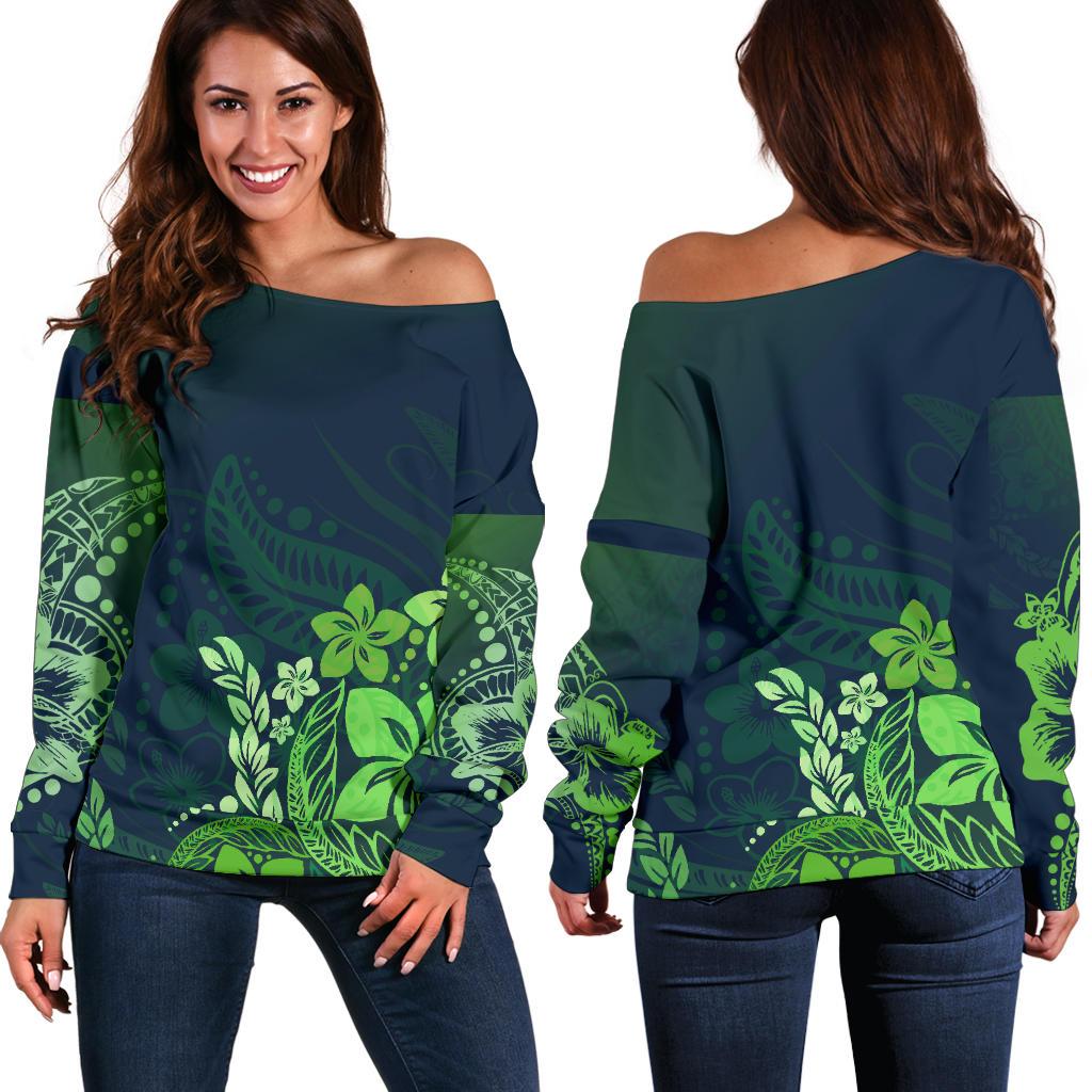 Polynesia Women's Off Shoulder Sweater - Hibiscus Green Green - Polynesian Pride