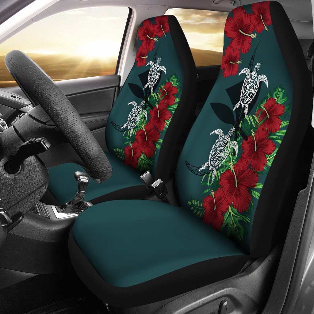 Hawaii Map Turtle Hibiscus Plumeria Polynesian - Car Seat Cover AH Universal Fit Green - Polynesian Pride