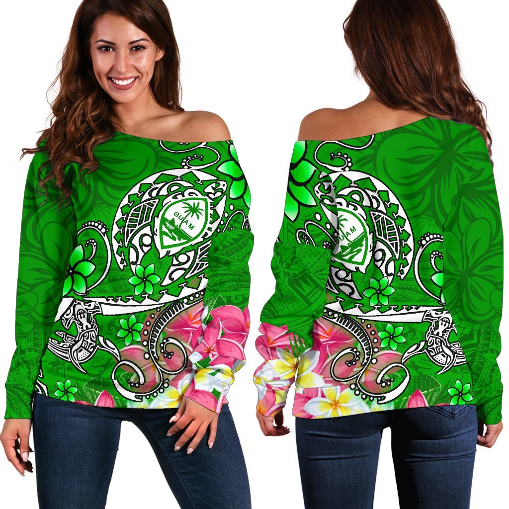 Guam Women's Off Shoulder Sweater - Turtle Plumeria (Green) Green - Polynesian Pride