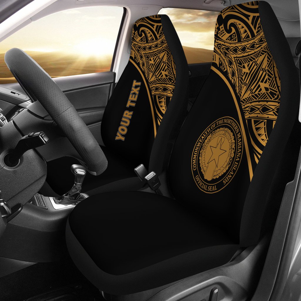 Northern Mariana Islands Custom Personalised Car Seat Covers - C N M I Seal Polynesian Gold Curve Universal Fit Black - Gold - Polynesian Pride
