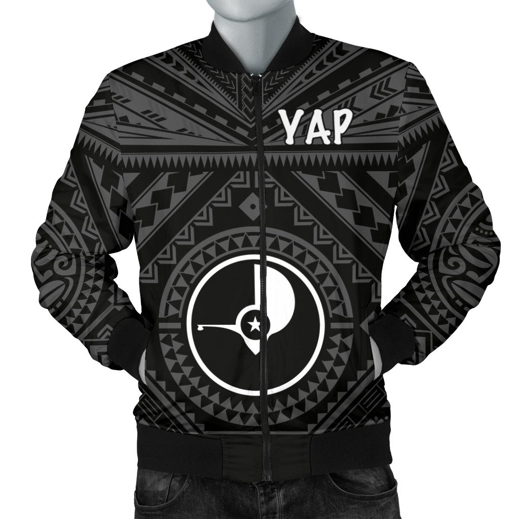 Yap Men's Bomber Jacket - Yap Seal With Polynesian Tattoo Style Black - Polynesian Pride