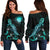 CNMI Polynesian Women's Off Shoulder Sweater - Turtle With Blooming Hibiscus Turquoise Turquoise - Polynesian Pride