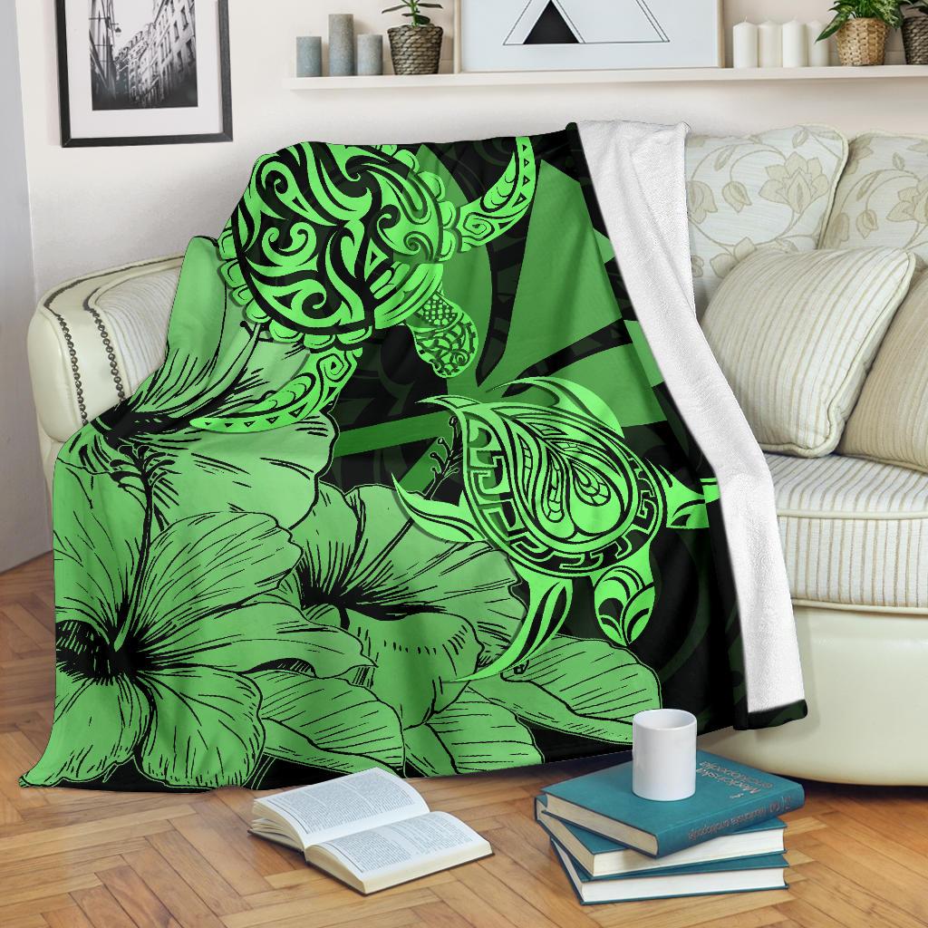 Hawaii Turtle Premium Blanket Polynesian Hibiscus Art Ver 2.0 Green AH White - Polynesian Pride