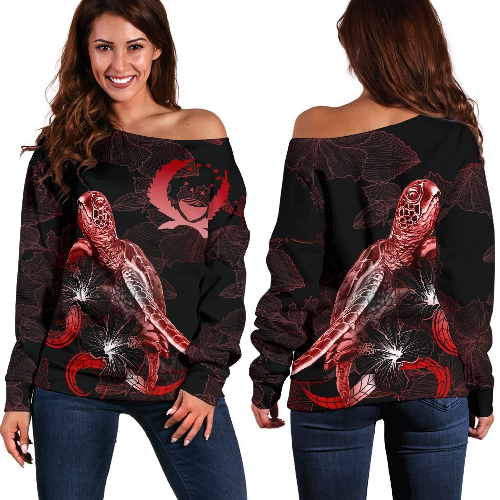 Pohnpei Polynesian Women's Off Shoulder Sweater - Turtle With Blooming Hibiscus Red Red - Polynesian Pride