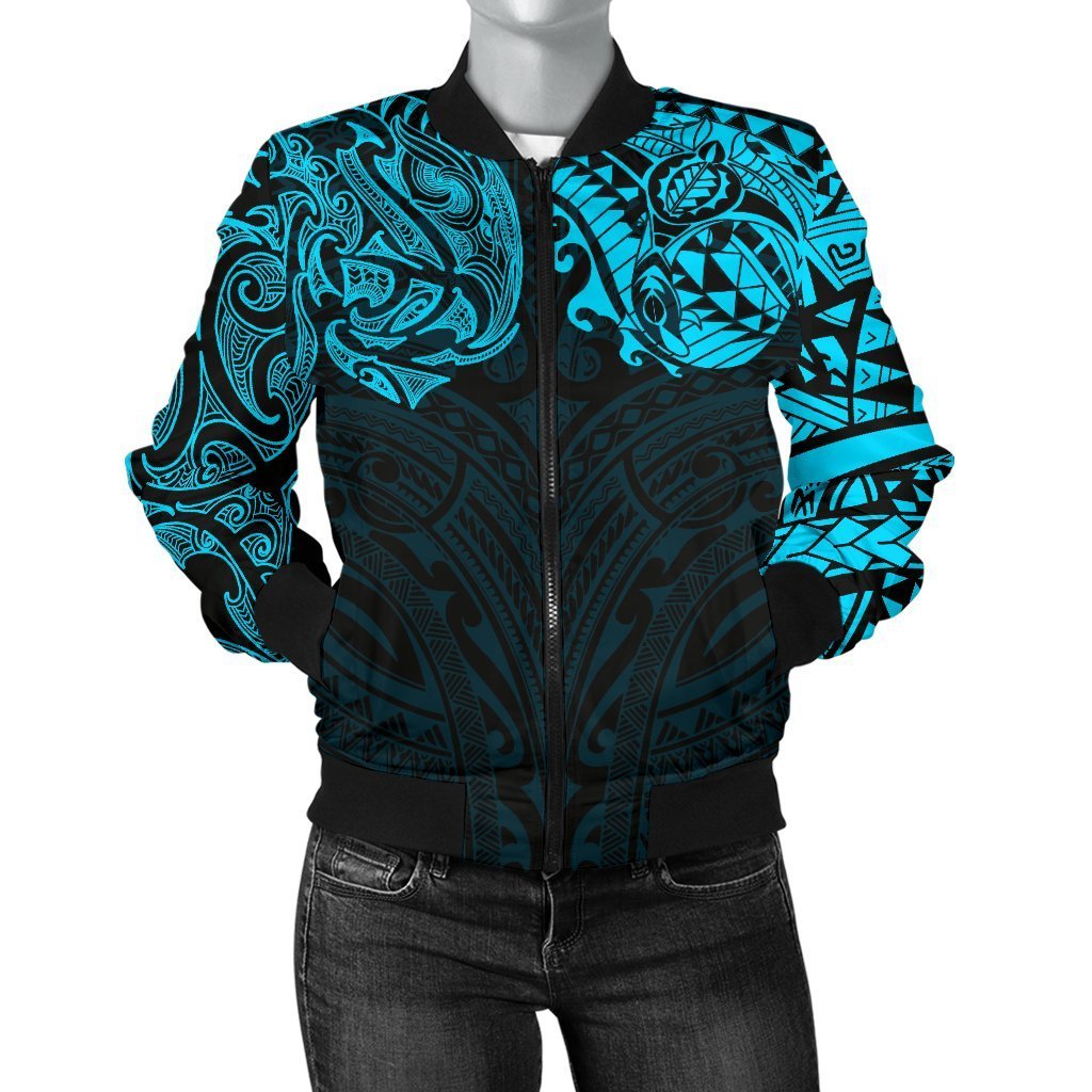 New Zealand Women's Bomber Jacket , Maori Polynesian Tattoo Blue Blue - Polynesian Pride