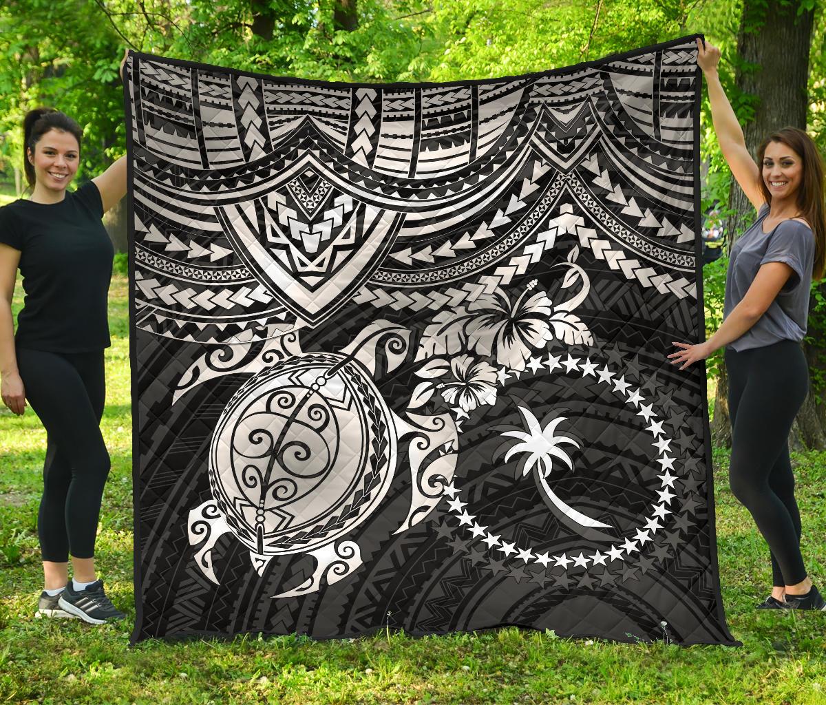 Chuuk Polynesian Premium Quilt - Chuuk Flag & White Turtle Hibiscus - Polynesian Pride