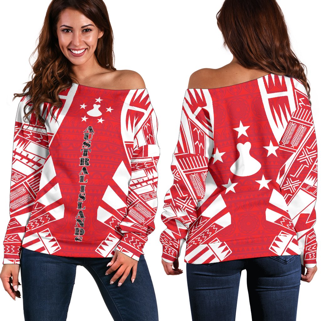 Austral Islands Women's Off Shoulder Sweater - Polynesian Tattoo Flag White - Polynesian Pride