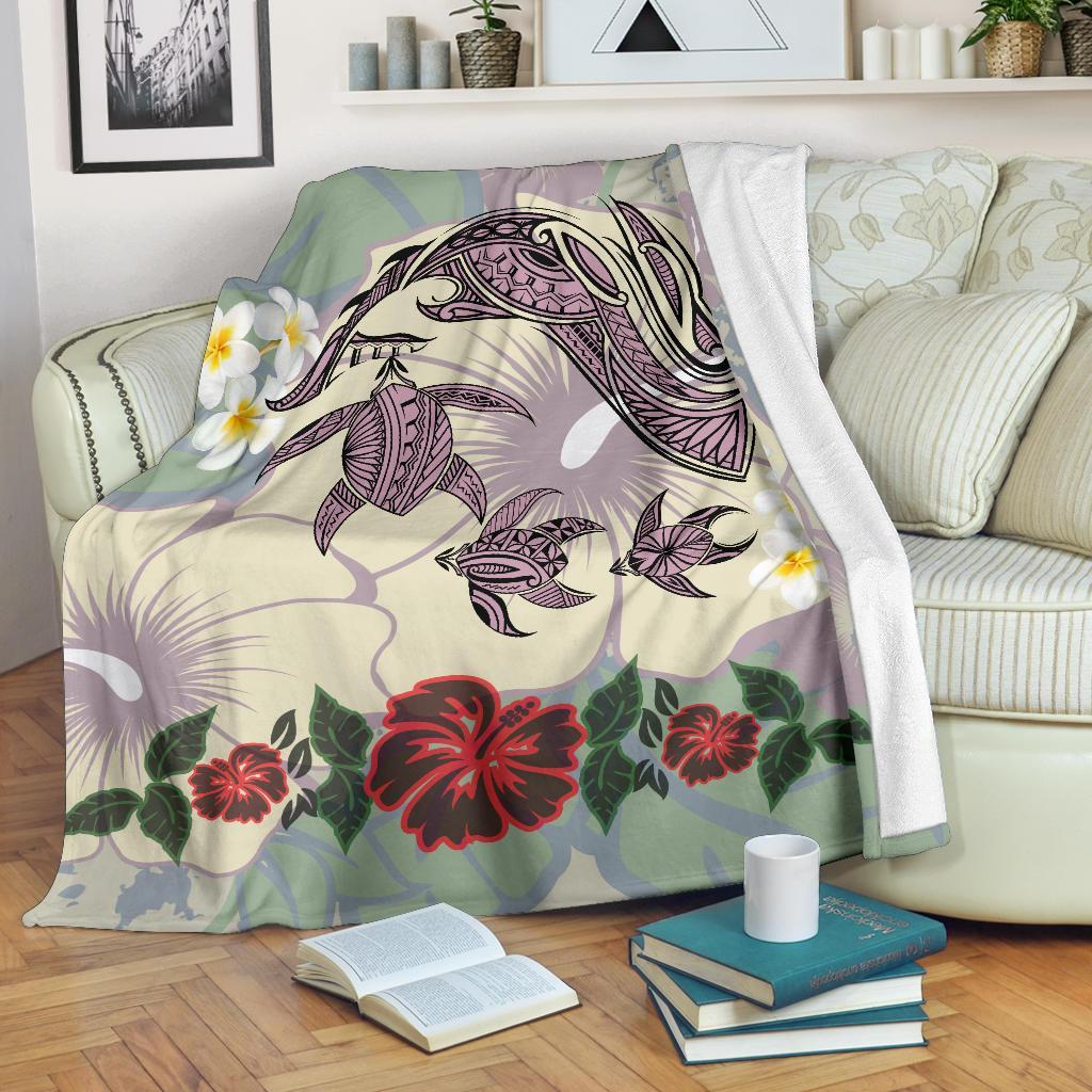 Hawaii Turtle Shark Hibiscus Premium Blanket - Beige - LH Style White - Polynesian Pride