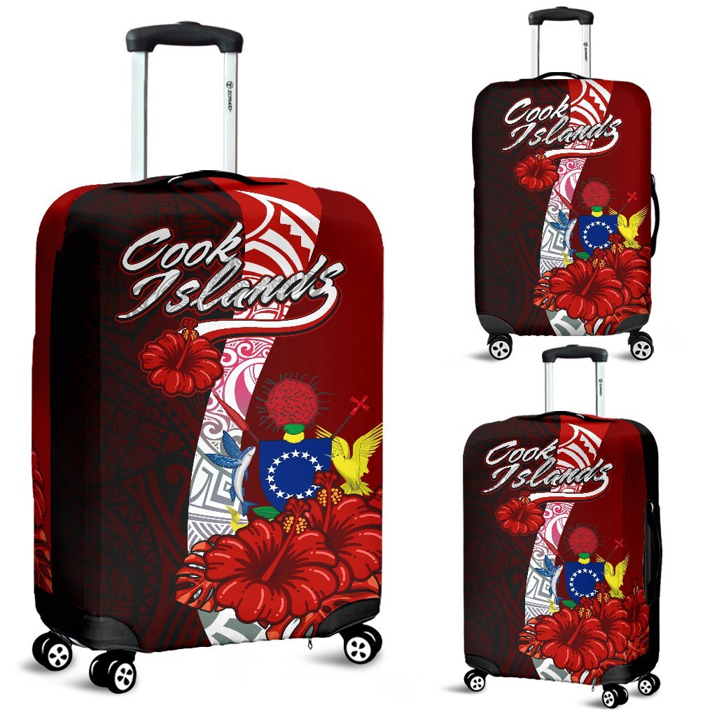 Cook Islands Polynesian Luggage Covers - Coat Of Arm With Hibiscus Red - Polynesian Pride