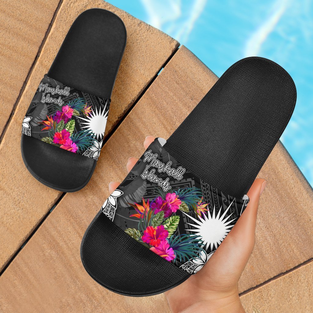 Marshall Islands Slide Sandals - Turtle Floral Black - Polynesian Pride