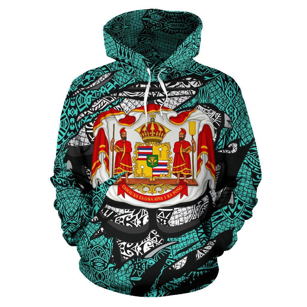 Polynesian Royal Coat of Arms Kanaka Map Hawaii Custom Hoodie Turquoise - Polynesian Pride
