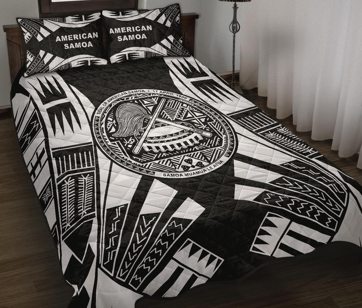 American Samoa Quilt Bed Set - American Samoa Seal Polynesian White Tattoo Black - Polynesian Pride