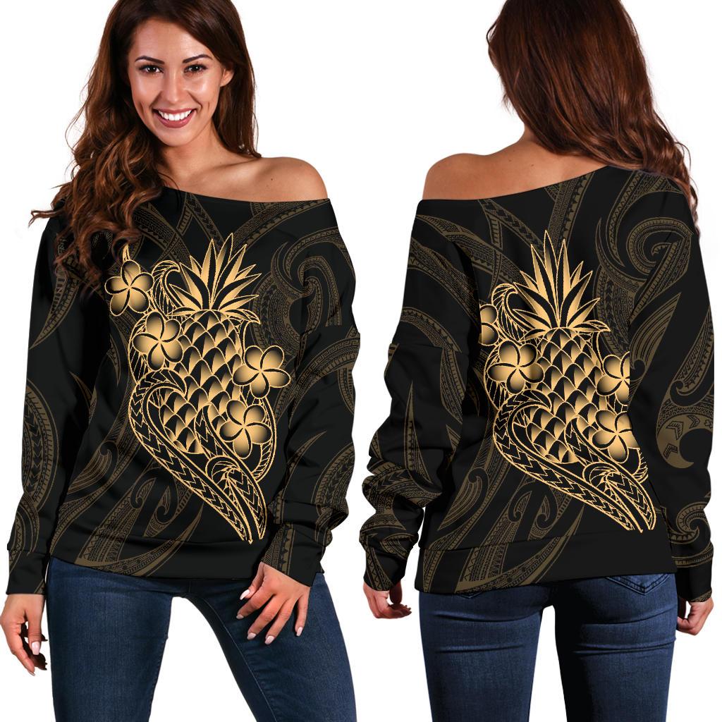 Polynesian Women's Off Shoulder Sweater - Gold Pineapple Black - Polynesian Pride