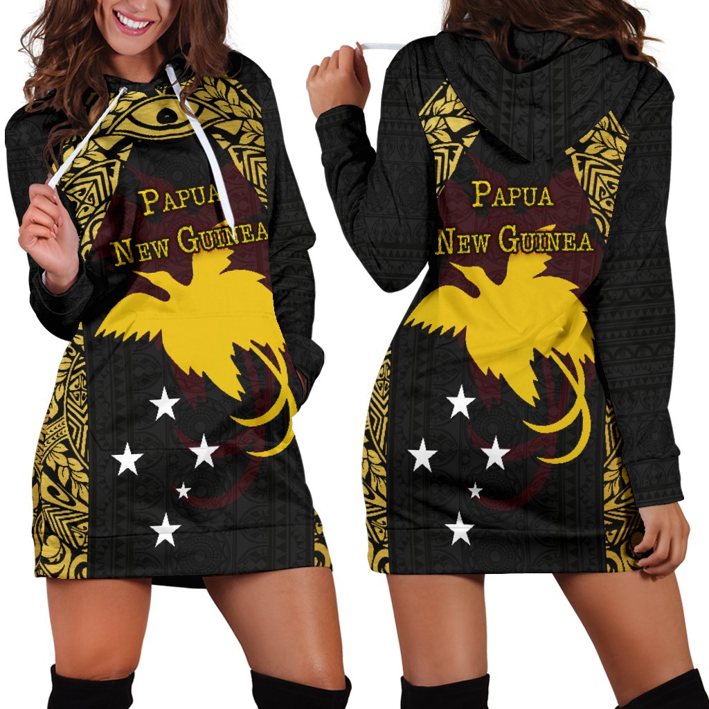 Papua New Guinea Women's Hoodie Dress - Erudite Eye Black Gold - Polynesian Pride