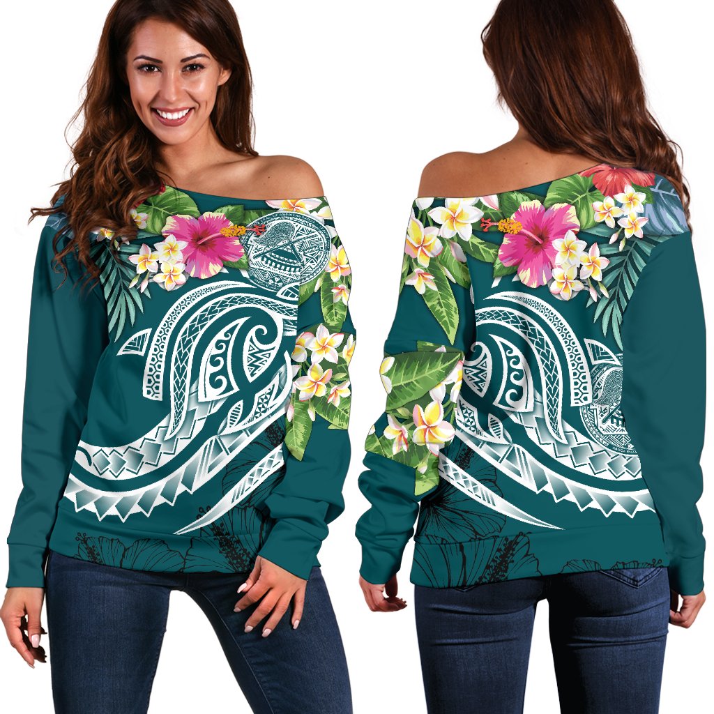 American Samoa Polynesian Women's Off Shoulder Sweater - Summer Plumeria Blue - Polynesian Pride