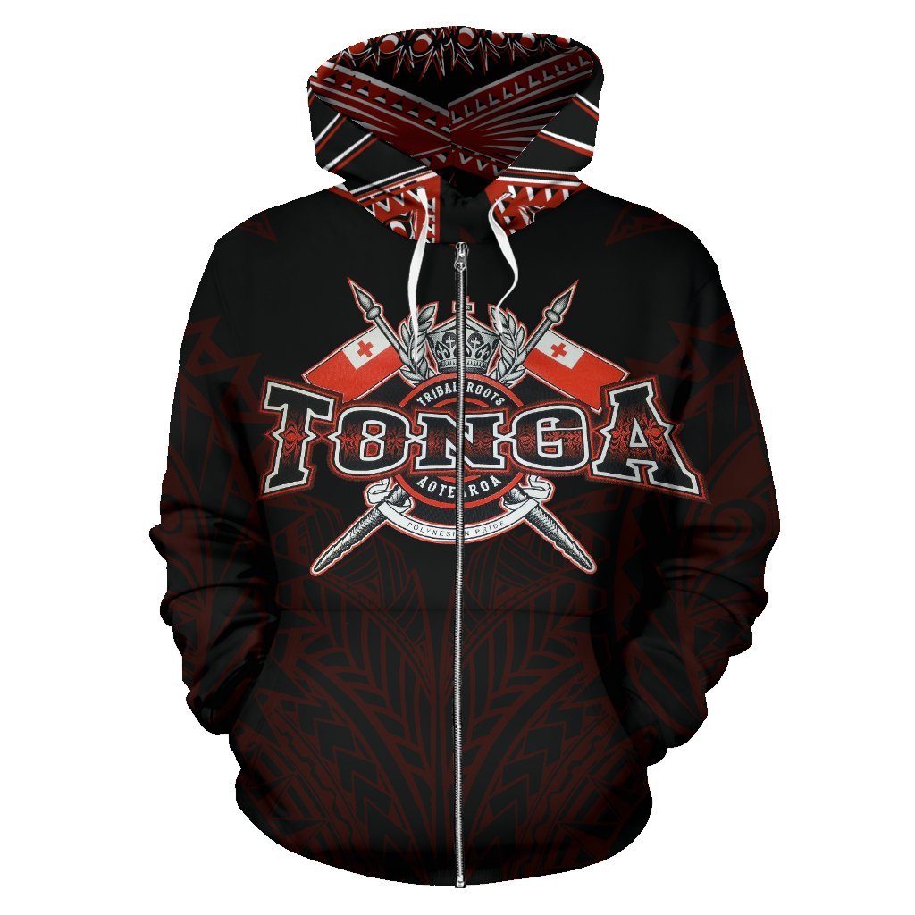 Tonga Zip up Hoodie Tonga Flag Coat of Arms Tribal Roots Red - Polynesian Pride