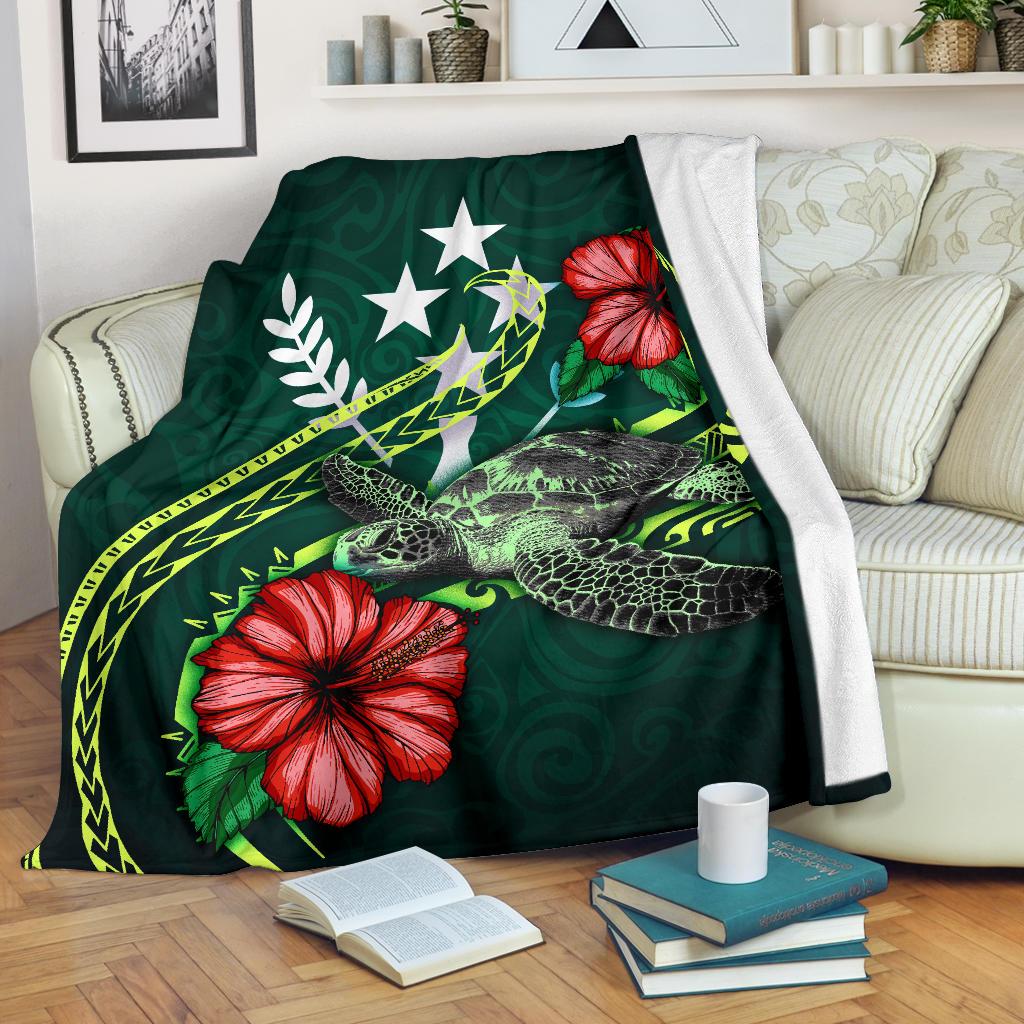 Kosrae Polynesian Premium Blanket - Green Turtle Hibiscus White - Polynesian Pride