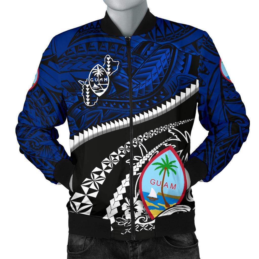 Guam Men's Bomber Jacket Polynesian Shark Tattoo Blue - Polynesian Pride