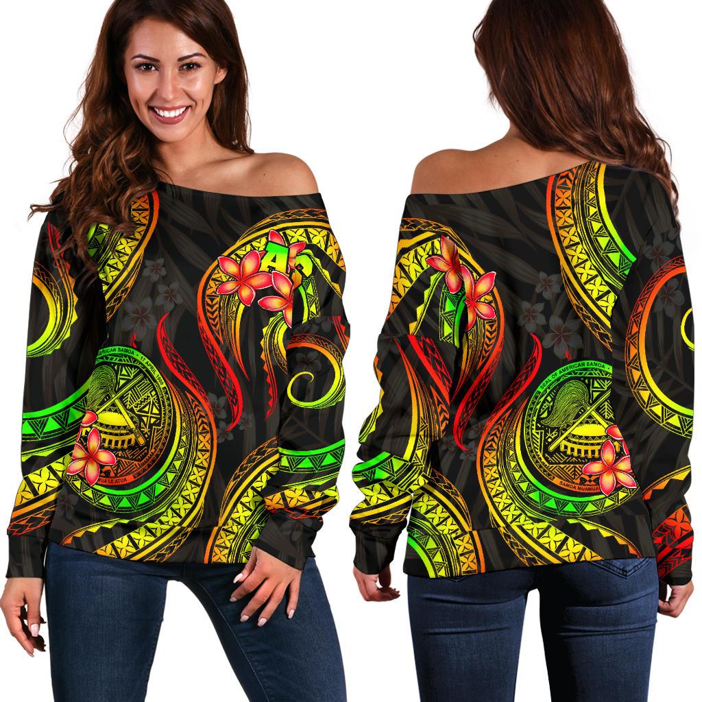 American Samoa Polynesian Off Shoulder Sweater - Reggae Plumeria Art - Polynesian Pride