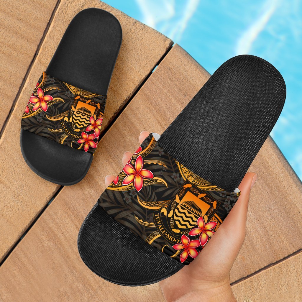 Tuvalu Slide Sandals - Gold Plumeria Black - Polynesian Pride