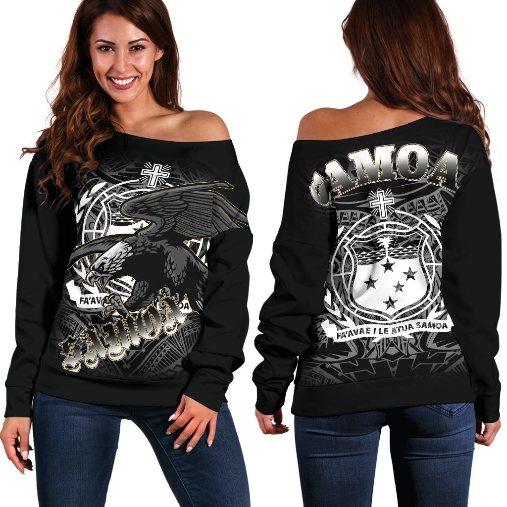 Samoa Polynesian Women's Off Shoulder Sweater - Samoa Eagle Black - Polynesian Pride