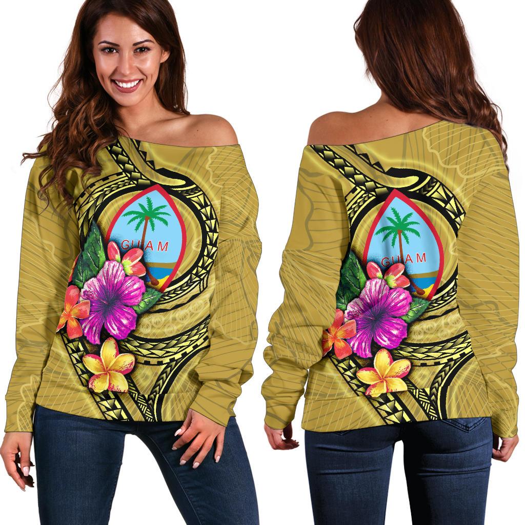 Guam Polynesian Women's Off Shoulder Sweater - Floral With Seal Gold Yellow - Polynesian Pride