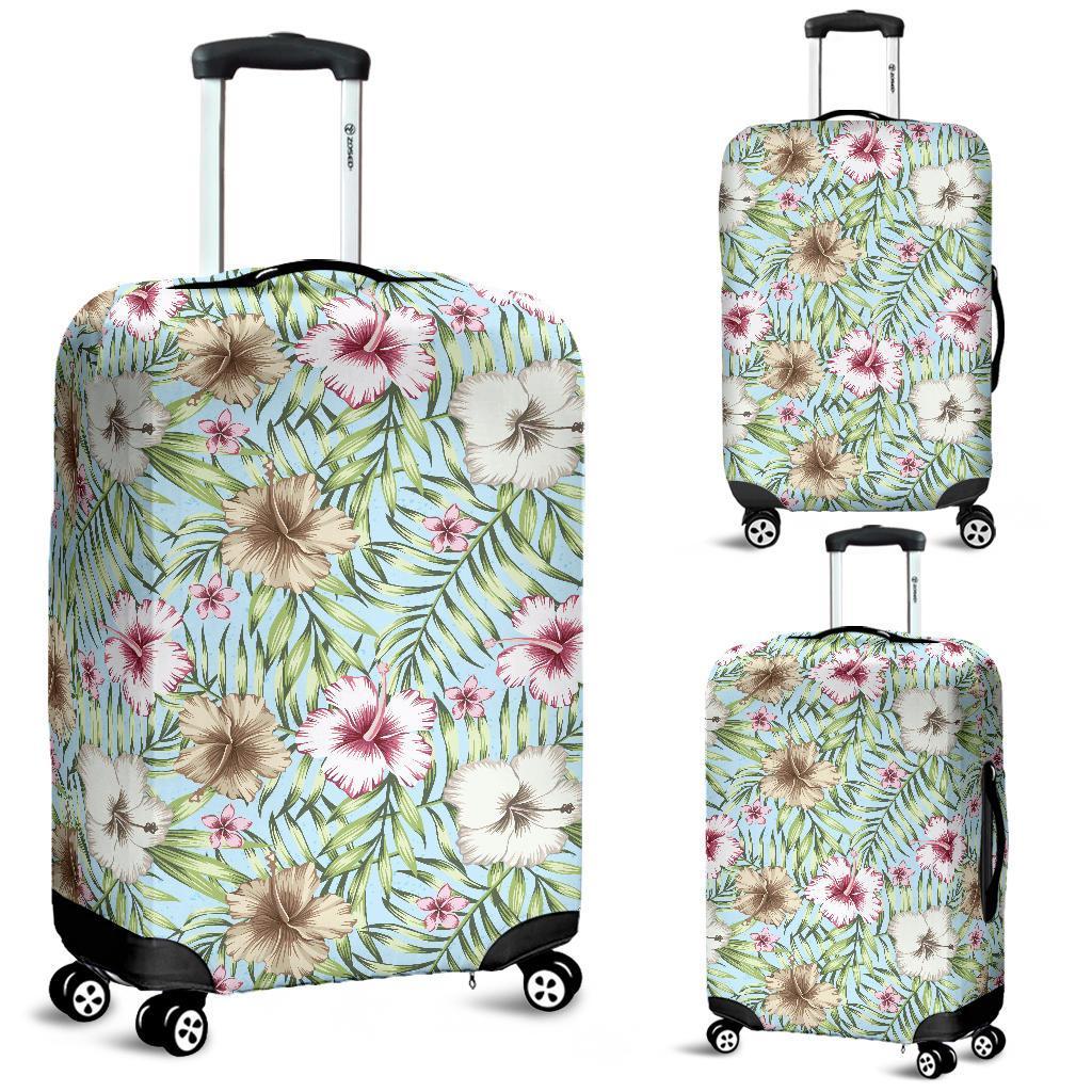 Tropical Hibiscus Palm Leaves Luggage Cover White - Polynesian Pride