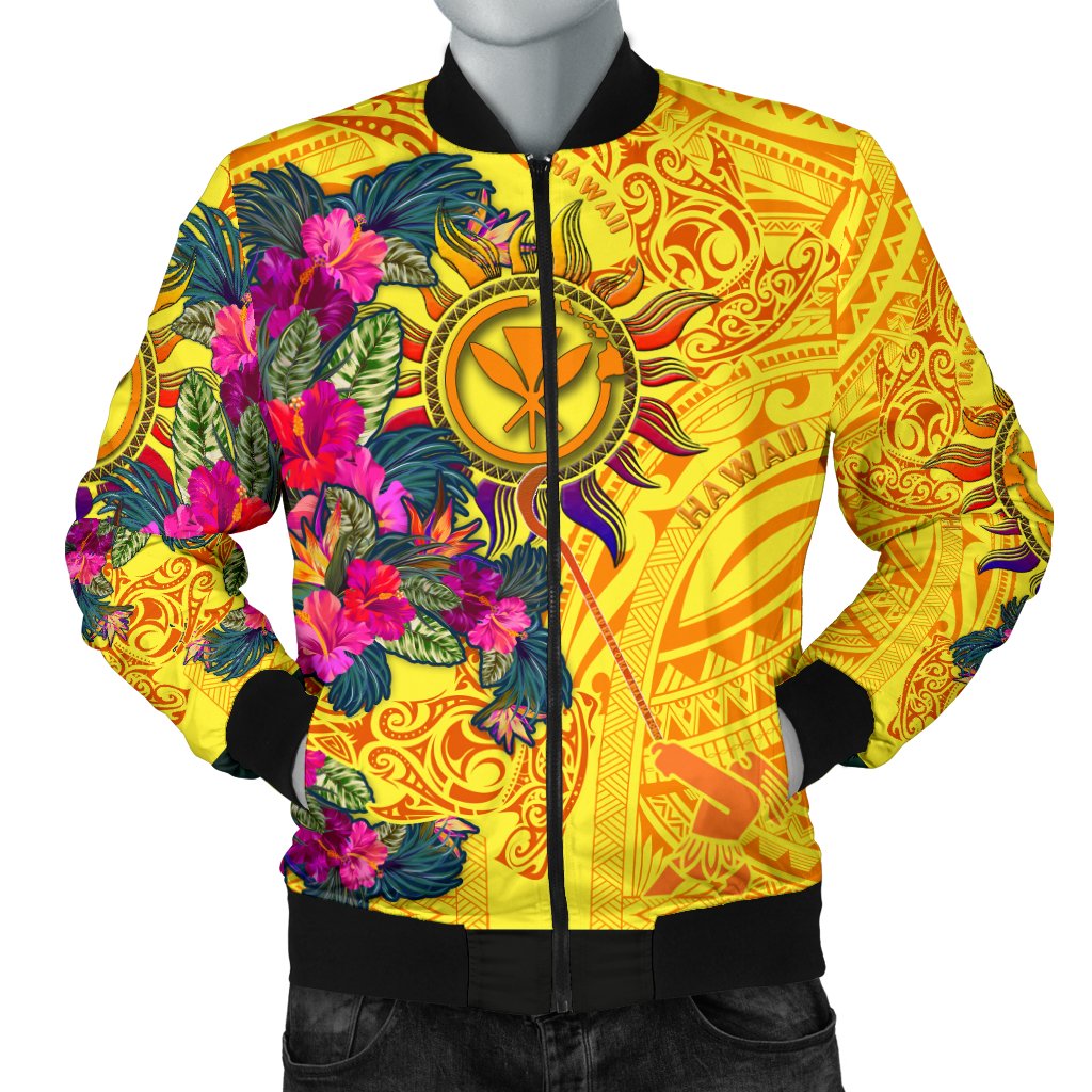 Polynesian Men's Bomber Jackets - Hawaii Kanaka Maoli & Hibiscus Flowers With Polynesian Patterns Yellow - Polynesian Pride