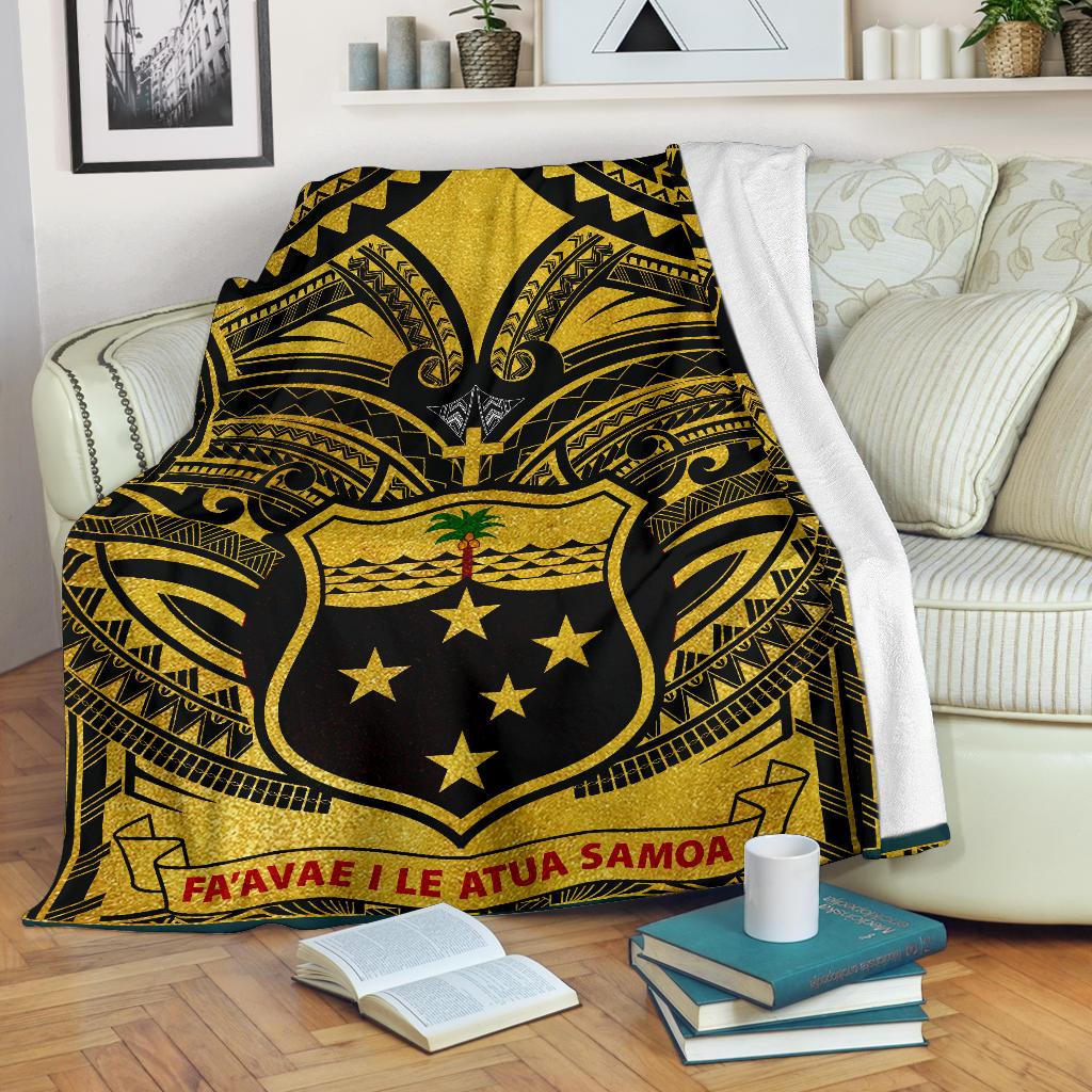 Samoa Premium Blanket - Samoa Coat Of Arm, Polynesian Tattoo Golden White - Polynesian Pride