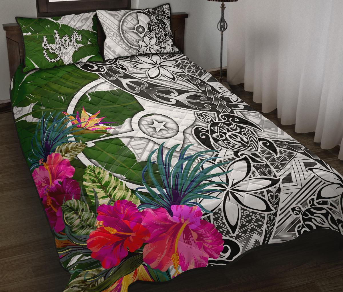 Yap Quilt Bed Set White - Turtle Plumeria Banana Leaf White - Polynesian Pride