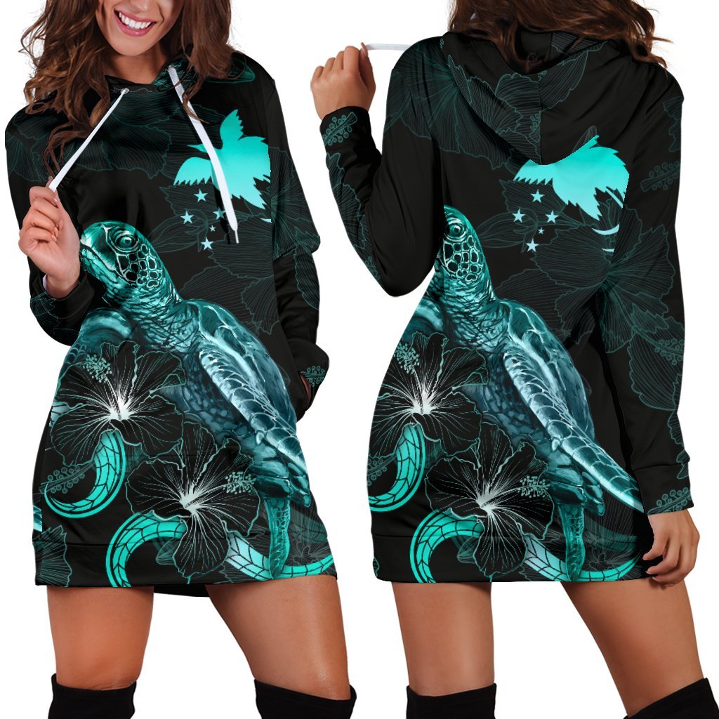 Papua New Guinea Polynesian Hoodie Dress - Turtle With Blooming Hibiscus Turquoise Turquoise - Polynesian Pride