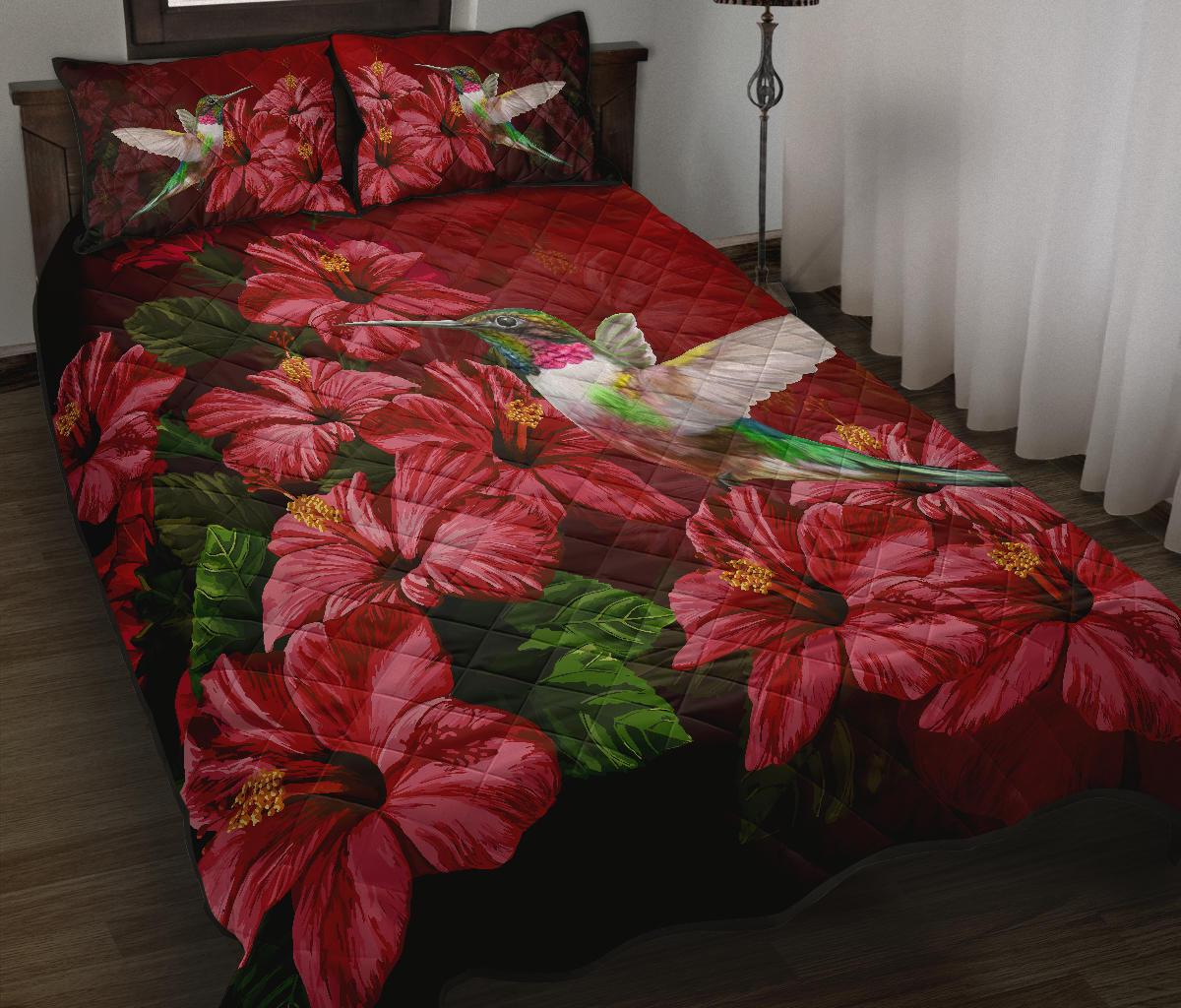 Hawaii Red Hibiscus Humming Bird Quilt Bed Set Red - Polynesian Pride