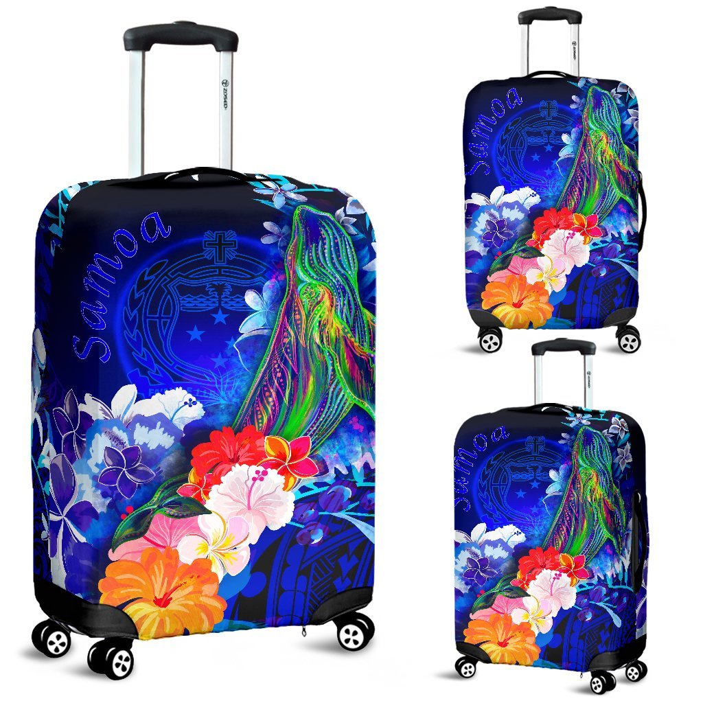 Samoa Luggage Covers - Humpback Whale with Tropical Flowers (Blue) - Polynesian Pride