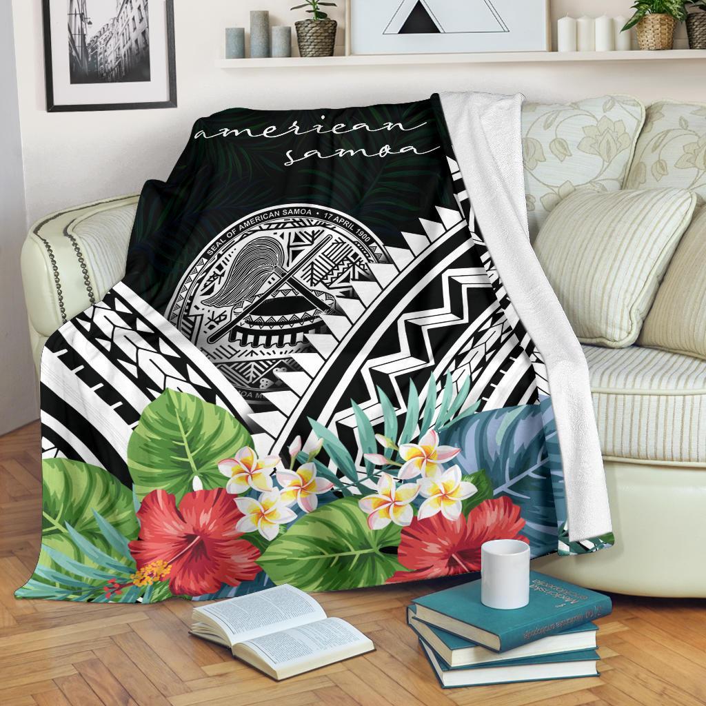 American Samoa Premium Blanket - American Samoa Coat of Arms & Polynesian Tropical Flowers White White - Polynesian Pride