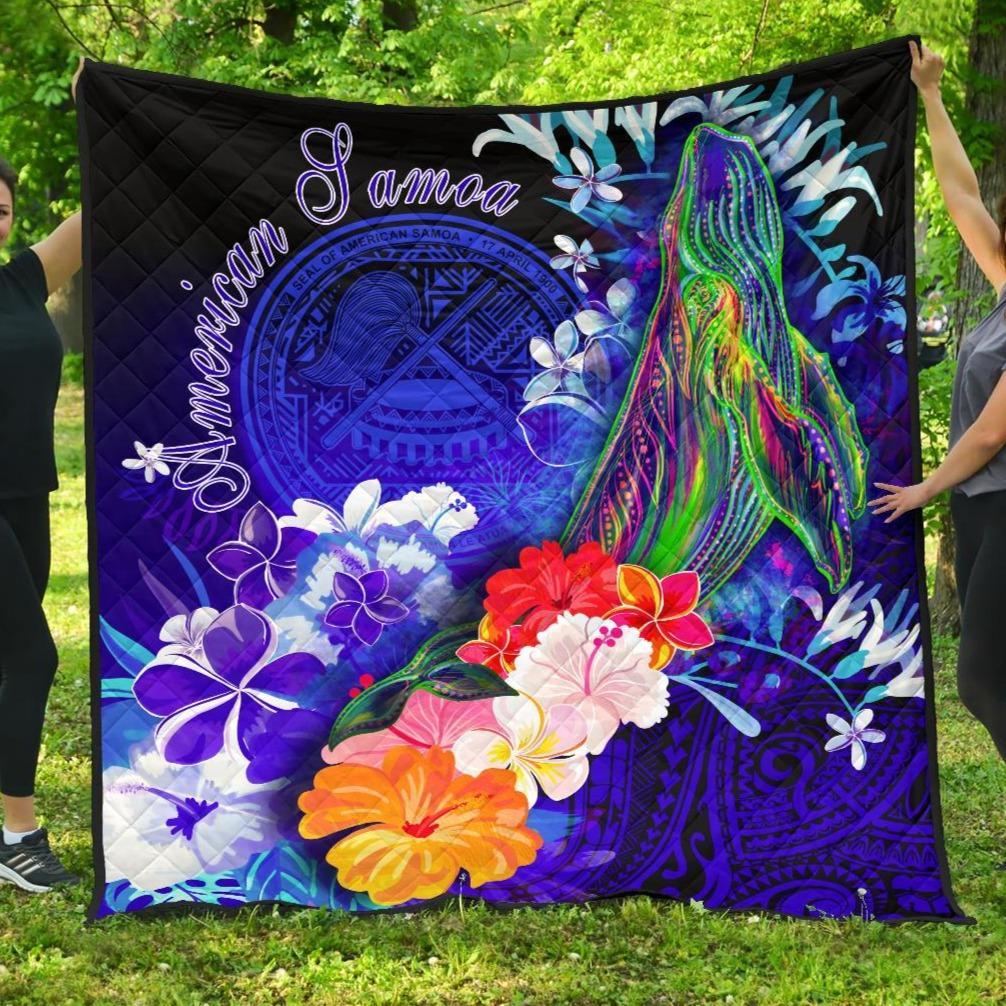 American Samoa Polynesian Premium Quilt - Humpback Whale with Tropical Flowers (Blue) Blue - Polynesian Pride