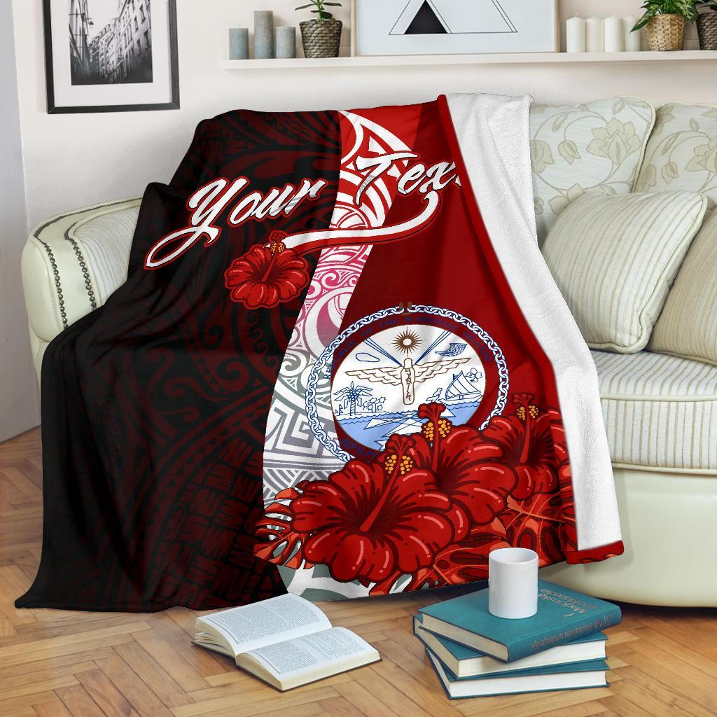 Marshall Islands Polynesian Custom Personalised Premium Blanket - Coat Of Arm With Hibiscus White - Polynesian Pride